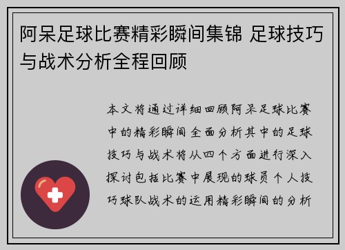 阿呆足球比赛精彩瞬间集锦 足球技巧与战术分析全程回顾