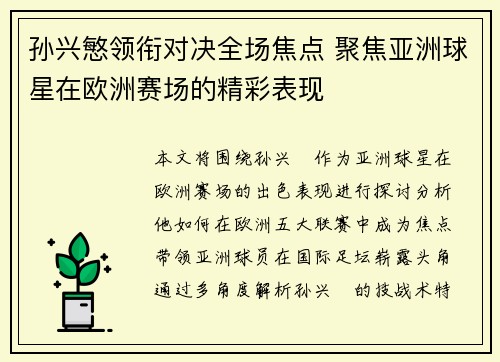 孙兴慜领衔对决全场焦点 聚焦亚洲球星在欧洲赛场的精彩表现