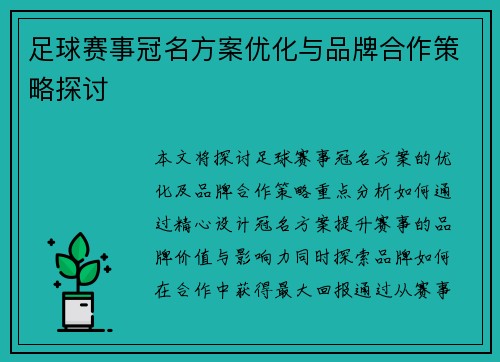 足球赛事冠名方案优化与品牌合作策略探讨