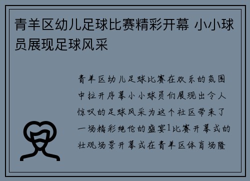 青羊区幼儿足球比赛精彩开幕 小小球员展现足球风采