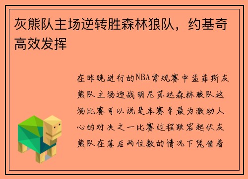 灰熊队主场逆转胜森林狼队，约基奇高效发挥