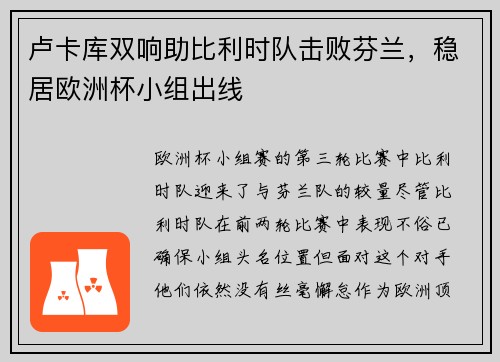 卢卡库双响助比利时队击败芬兰，稳居欧洲杯小组出线