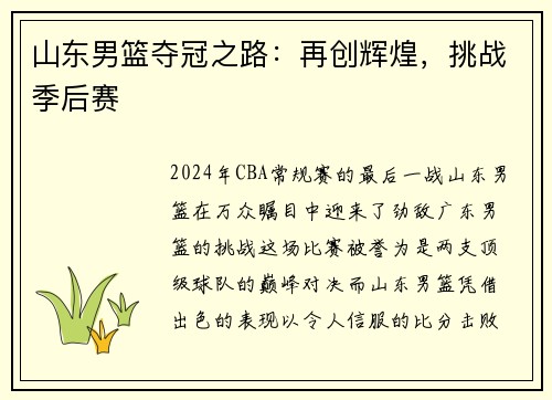 山东男篮夺冠之路：再创辉煌，挑战季后赛
