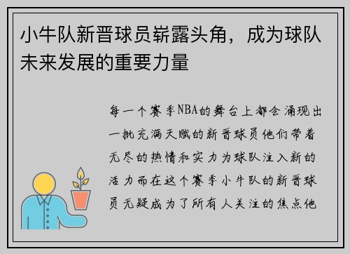 小牛队新晋球员崭露头角，成为球队未来发展的重要力量