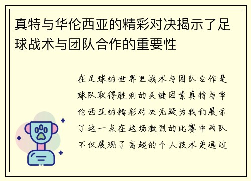 真特与华伦西亚的精彩对决揭示了足球战术与团队合作的重要性