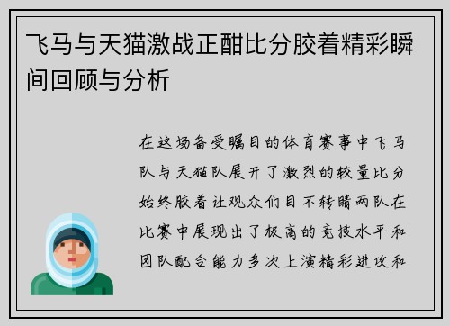 飞马与天猫激战正酣比分胶着精彩瞬间回顾与分析