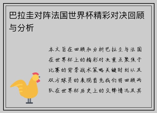 巴拉圭对阵法国世界杯精彩对决回顾与分析