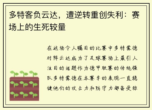 多特客负云达，遭逆转重创失利：赛场上的生死较量