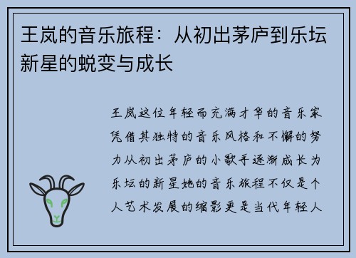 王岚的音乐旅程：从初出茅庐到乐坛新星的蜕变与成长