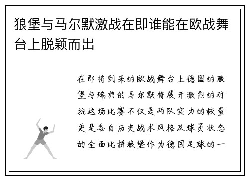 狼堡与马尔默激战在即谁能在欧战舞台上脱颖而出