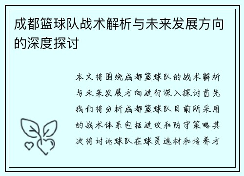 成都篮球队战术解析与未来发展方向的深度探讨