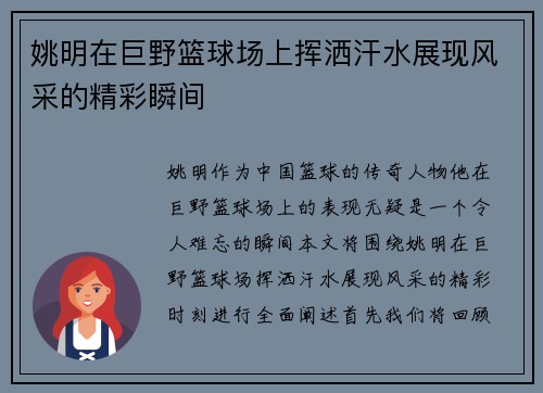 姚明在巨野篮球场上挥洒汗水展现风采的精彩瞬间